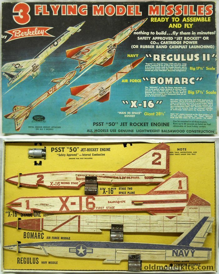 Berkeley 3 Flying Model Jetex Missiles / Regulus II / Bomarc / X-16 Two Stage - PSST 50 Jet Rocket Engine, GMM 1 295 plastic model kit